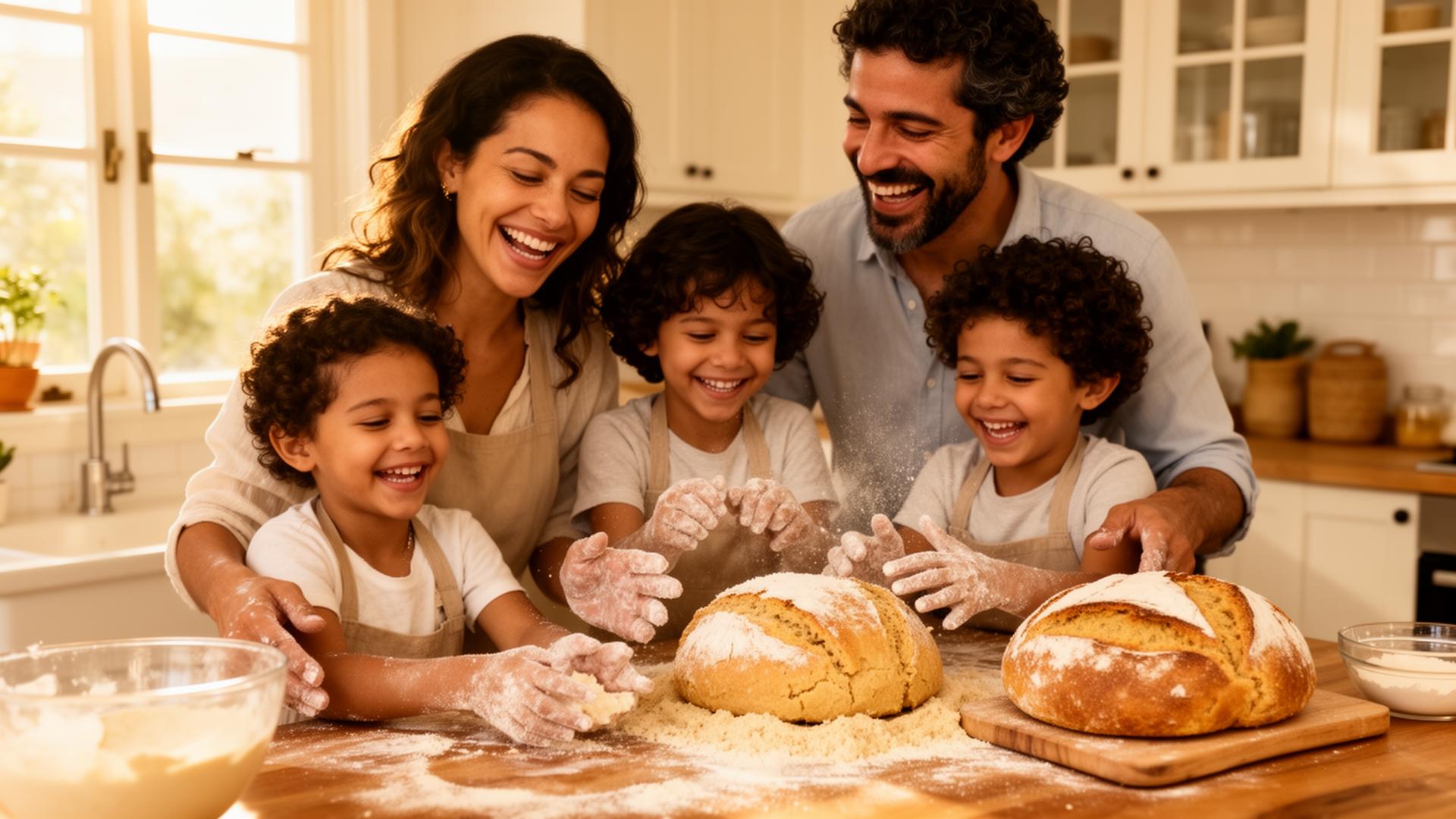 Família brasileira preparando pães sem glúten juntos na cozinha