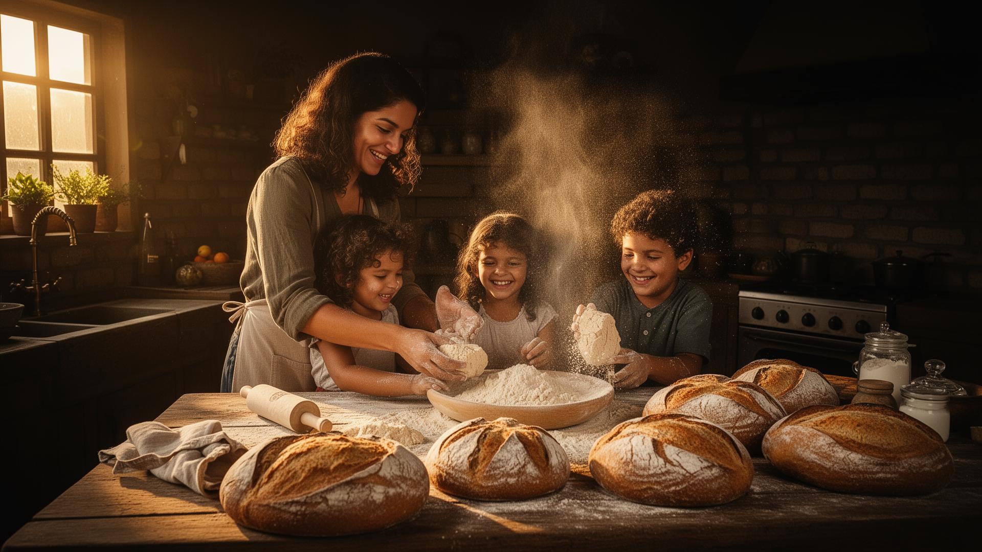Família brasileira preparando pães sem glúten na panificadora